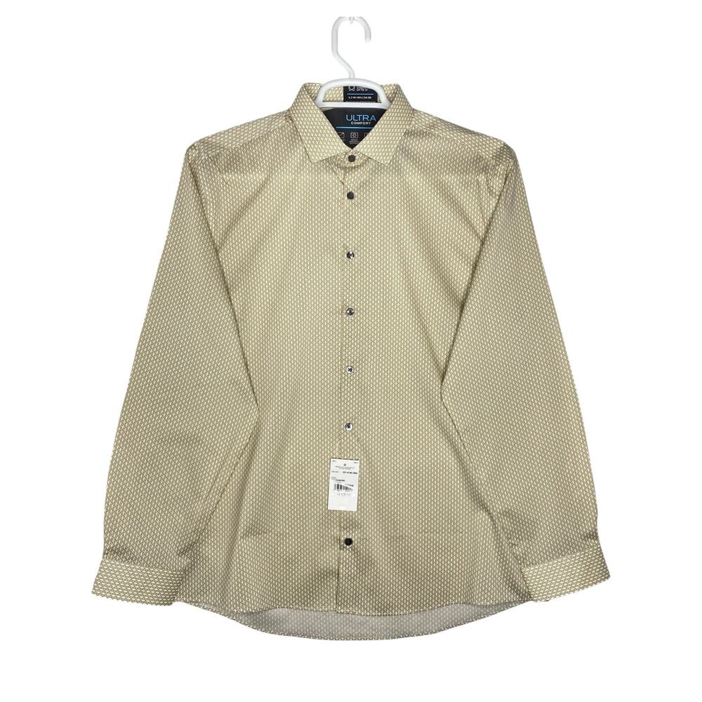 J.Ferrar Ultra Comfort Dress Shirt Tan Diamond Geometric Print Large 16 34-35